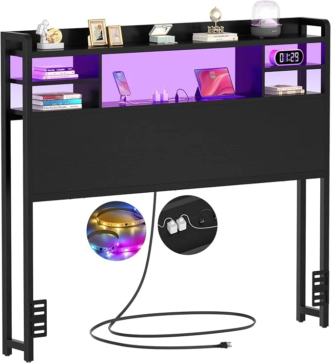 Premium Aheaplus Headboard for Twin Size Bed with Storage Headboards with LED Light Power Outlets USB Ports Twin Size Head Board Wood headboard Only Sturdy and Stable Headboards Modern Black Sustainable