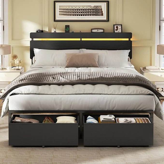 Sustainable Forestell Queen Bed Frame with Wood Headboard 2 Storage Drawers amp Shelf Built-in Charging Station amp LED Lights Metal Support No Box Spring Needed noise- easy assembly Smart RGB USB Type-C Trusted
