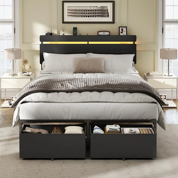 Functional Forestell Full Size Bed Frame with Wood Headboard 2 Storage Drawers amp Shelf Built-in Charging Station amp LED Lights Metal Support No Box Spring Needed noise- easy assembly Smart RGB USB Type-C Quality