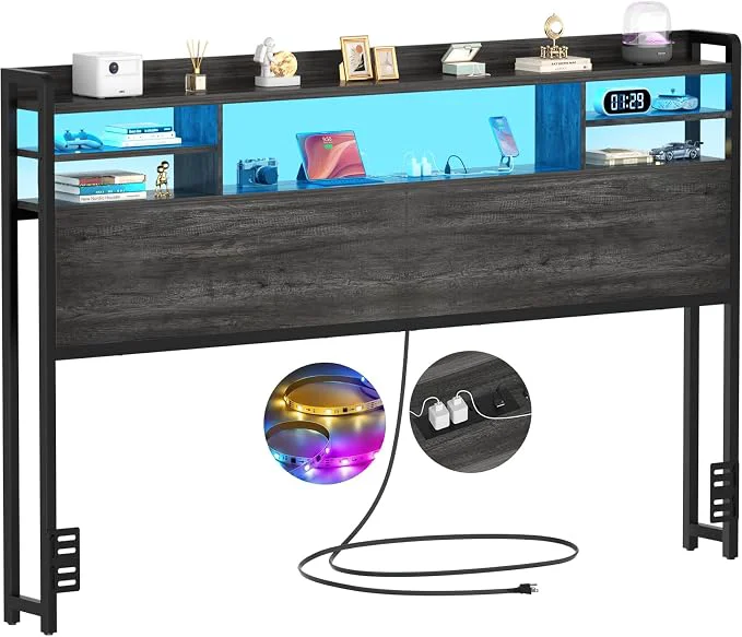 Flexible Aheaplus Headboard for Queen Size Bed with Storage Headboards with LED Light Power Outlets USB Ports Queen Size Head Board Wood headboard Only Sturdy and Stable Headboards Modern Black Oak Stylish