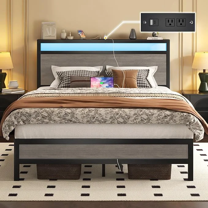 Next-Generation Fluest Full Bed Frame with Headboard amp Footboard Full Bed Frame with Built-in Charging Station amp LED Light Storage Shelf Noise- No Box Spring Needed Easy Assembly Rustic Grey Comfortable
