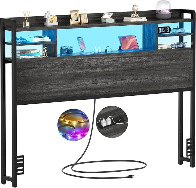 Consistent Aheaplus Headboard for Full Size Bed with Storage Headboards with LED Light Power Outlets USB Ports Full Size Head Board Wood headboard Only Sturdy and Stable Headboards Modern Black Oak Solid