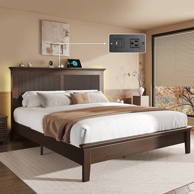 Next-Generation Lifezone Wood Queen Bed Solid Wood Bed With Tall Headboard American Vintage Design Queen Bed With Charging Station amp RGB LED Wood Slats Support Noise- Sturdy Structure Easy Assembly Walnut Fashionable