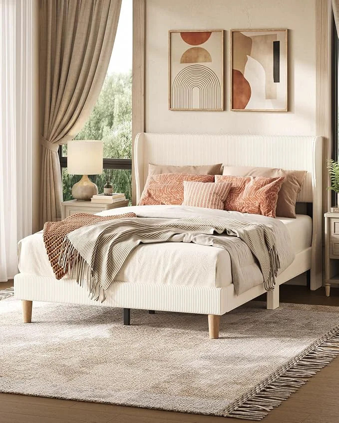 High-Performance ier Full Bed Frame with Wingback Headboard Upholstered Beige No Box Spring Needed Easy Assembly Wingback Headboard No Squeaks Vertical Channel Corduroy Upholstered Wooden Slats Support Artisan