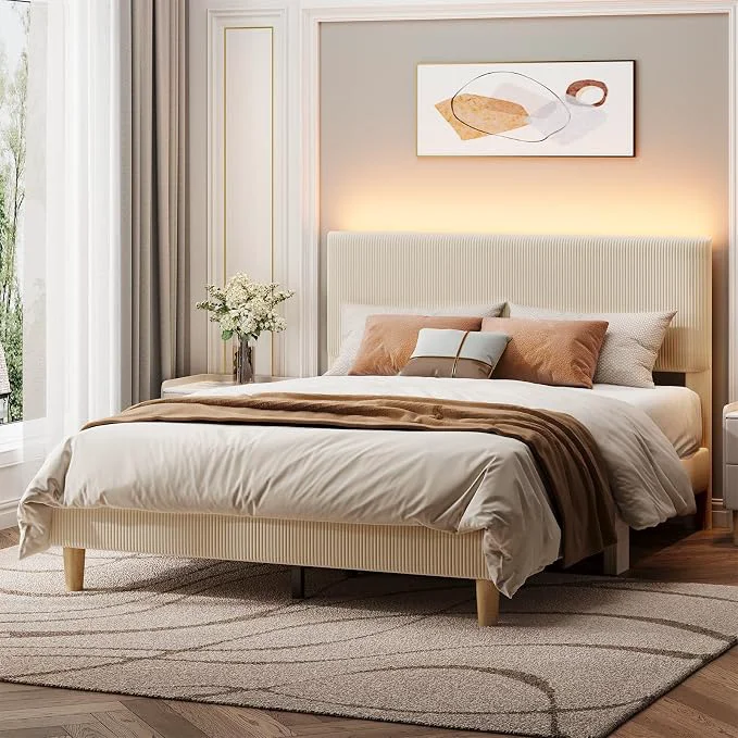 Elegant ier Queen Bed Frame with Headboard LED Lighting Upholstered Beige Easy Assembly LED Lighting Headboard No Squeaks Vertical Channel Corduroy Upholstered Wood Slats Support No Box Spring Needed Next-Generation