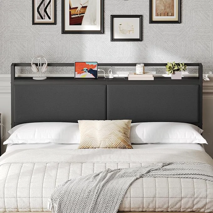 Verified Queen Size Headboard Only with Storage Shelves Upholstered Headboard with Charging Station Height Adjustable Sturdy and Stable Vintage Style Black Enhanced