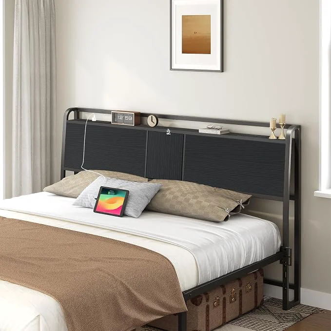 Traditional MAHANCRIS Headboard Queen Size with 2 Power Strips and Flip Door Storage Industrial Queen Headboard with Adjustable Bed Frame Adapters 95° Backrest Easy Assembly Sturdy Construction Black Practical
