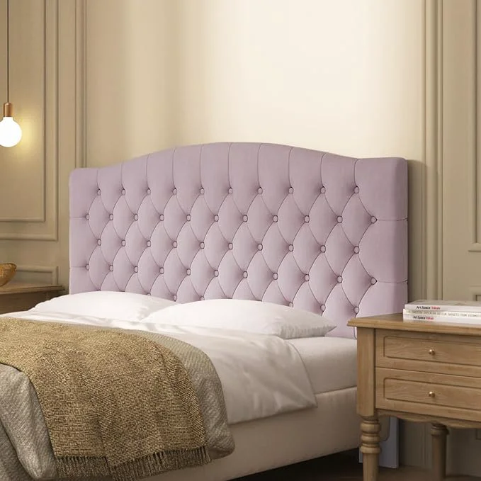 Fashionable Furpopup Velvet Queen Size Headboard Only Upholstered Wall Mount Pink 2 ways to use Wall-mounted for adjustable bed and bed frame mounted Easy to assemble Classic button design headboard Sophisticated