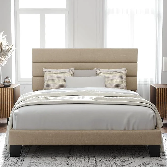 Natural Allewie Full Size Platform Bed Frame with Fabric Upholstered Headboard Wooden Slats Support Fully Upholstered Mattress Foundation No Box Spring Needed Easy Assembly Noise- Beige Effective