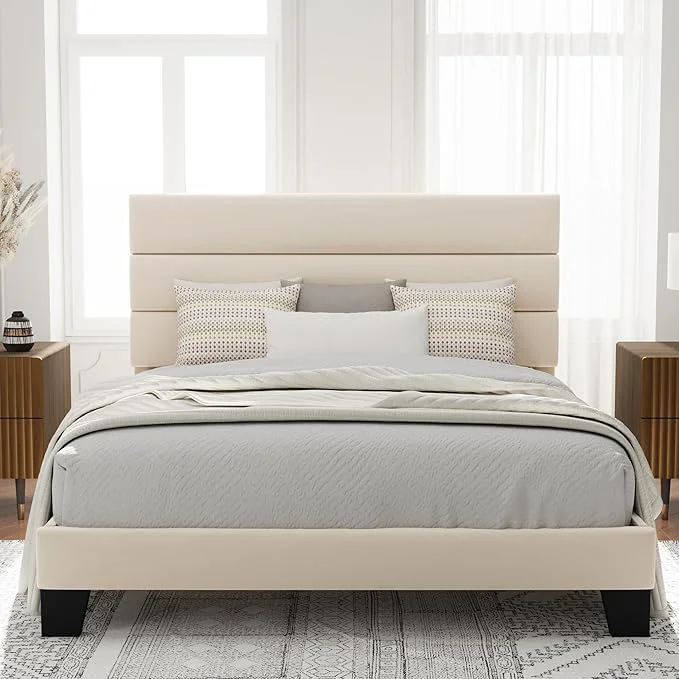 Specialty Allewie Queen Size Platform Bed Frame with Velvet Upholstered Headboard and Wooden Slats Support Fully Upholstered Mattress Foundation No Box Spring Needed Easy Assembly Cream Premium Material