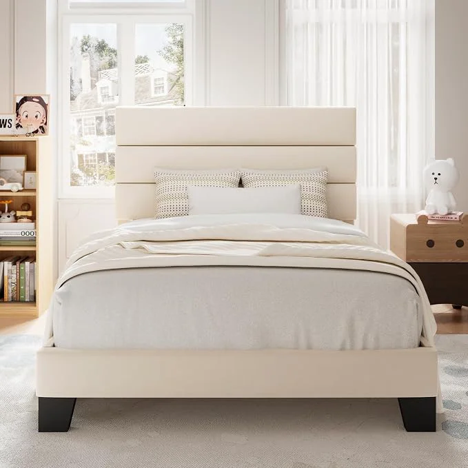 Outstanding Allewie Twin Size Platform Bed Frame with Fabric Upholstered Headboard and Wooden Slats Support Fully Upholstered Mattress Foundation No Box Spring Needed Easy Assembly Cream Flexible