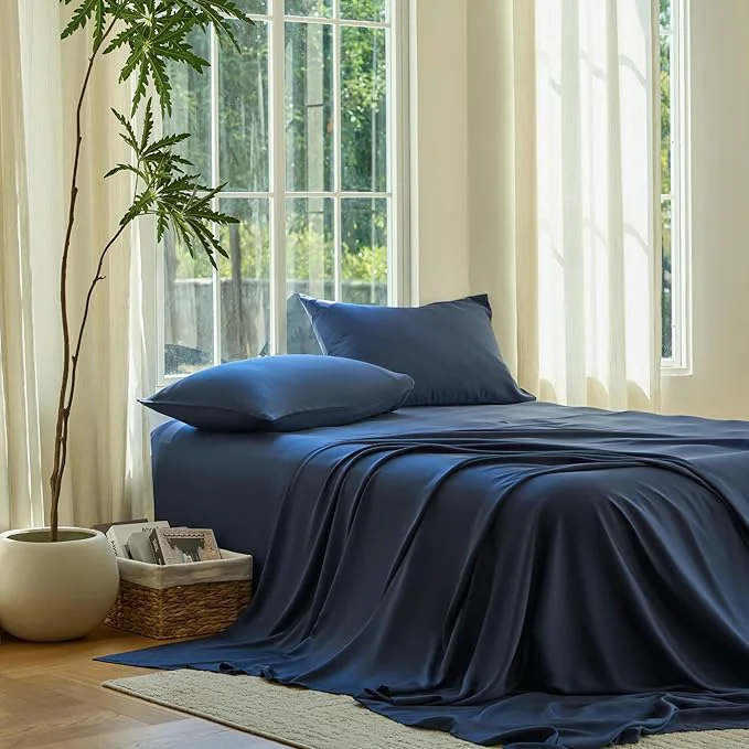 Relaxed DOZ Sheet Set Viscose derived from Bamboo Organically Grown Buttery Soft Cooling Sheets High GSM Deep Pockets – 2 Piece – 1 Pillowcase 1 Fitted Sheet Sapphire Twin XL Minimalist