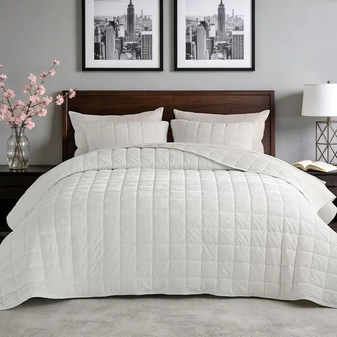 Environmentally Friendly Greek Velvet King Quilt Set Ultra-Soft Luxe Sheen Cotton Backing 150GSM Down- Fill Expanded 108×98 quot Coverage for Fuller Side Drape 1 Quilt 2 Pillow Shams Brilliant White Fine Crafted
