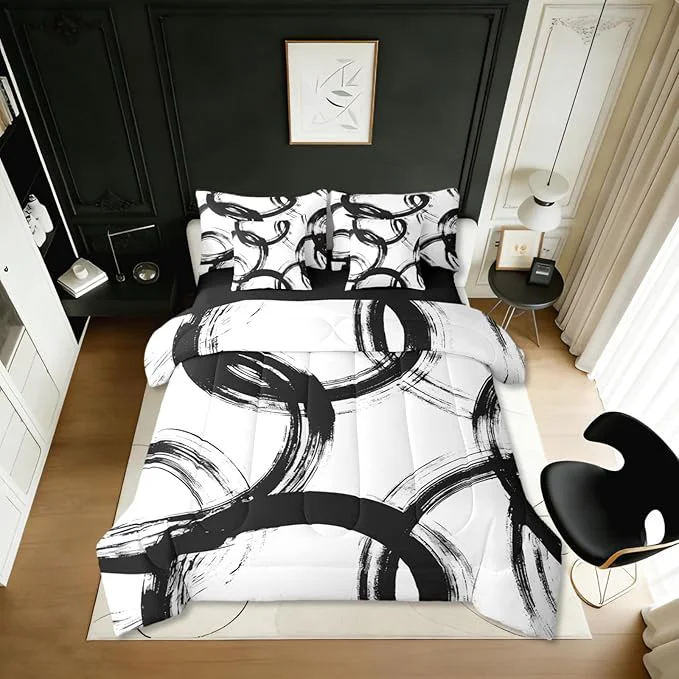 Fine Erosebridal Black and White 7 Pcs Comforter Set King Abstract Line Minimalist Ink Painting Bedding Set for Kids Boys Girls Simple Graffiti Art Modern Geometric Sheet Set Boho Cool Unique Mens Quilt Safe