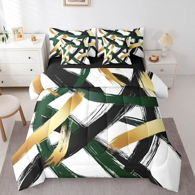 Dependable Erosebridal Black Green Gold Abstract 7 Piece Comforter Set Twin Modern Minimalist Line Geometric Bedding Set Minimalist Simple Sketch Art Bed in A Bag Cool Unique Contemporary Sheet Set Exceptional