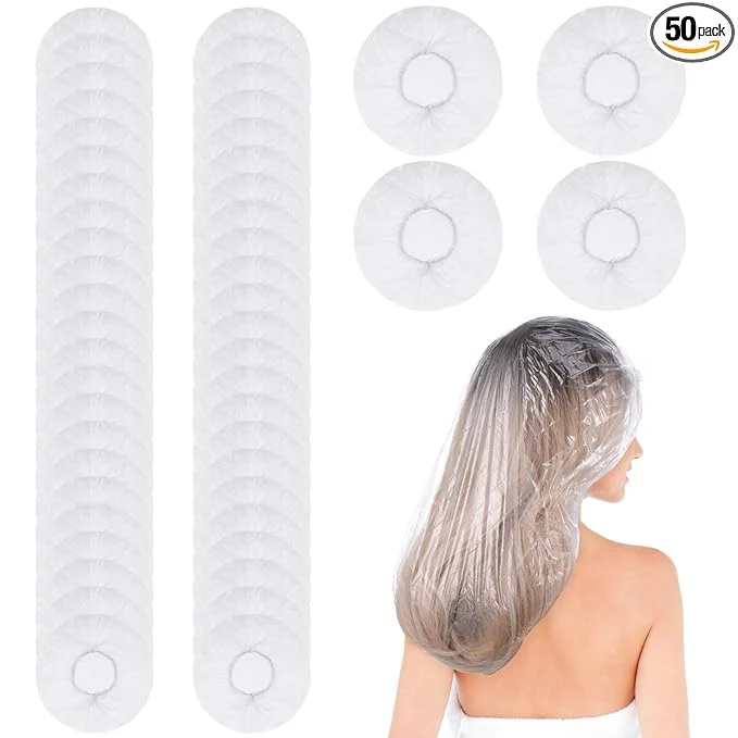 User-Friendly 50 Pcs Large Disposable Shower Caps Waterproof Clear Plastic Shower Cap Elegant
