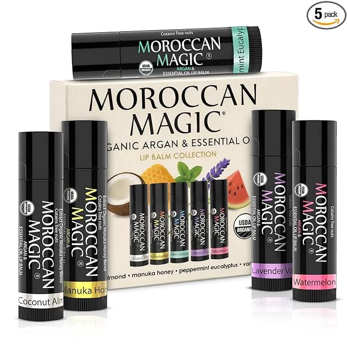 Eco-Friendly Moroccan Organic Lip Balm 5 Piece Variety Pack Gift Set Ultra-Hydrating Sustainable