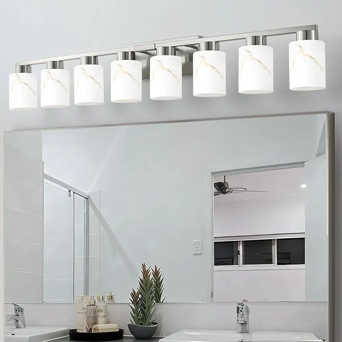 Unique 8-Light Bathroom Light Fixtures Modern Vanity Lights Brushed Nickel Metal Comfortable