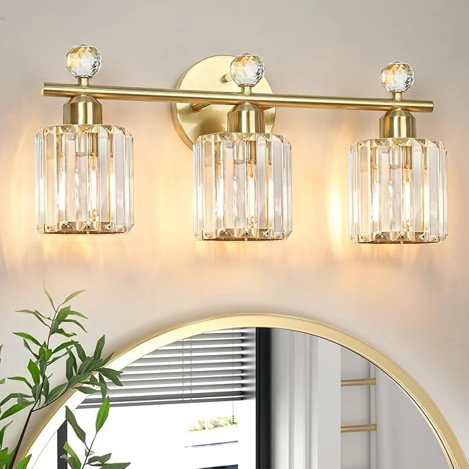 Unique 3-Light Gold Bathroom Light Fixtures Modern K9 Crystal Vanity Lights Wall Sconce Natural