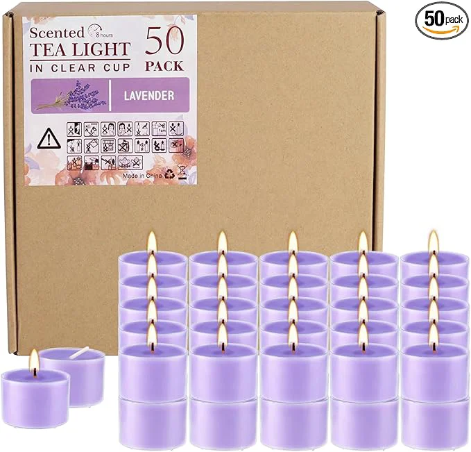 Outstanding 50 Pack Bulk Lavender Scented Tealight Candles in Clear Cup Sophisticated