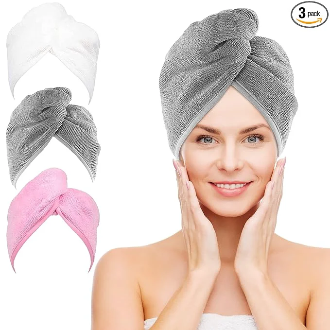 Eco-Friendly NEXCOVER Hair Towel Microfiber 3 Pack White Grey Pink 9.8 inch X 25.5 inch Sustainable