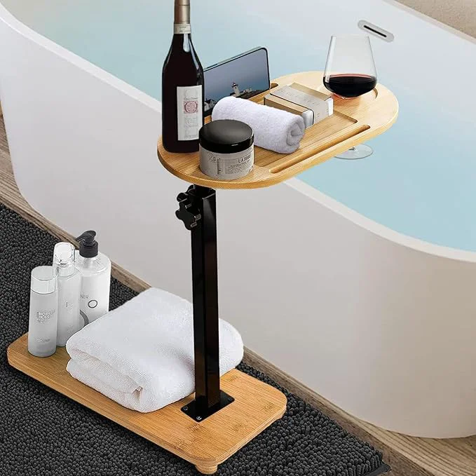 Breathable Bamboo Bathtub Tray Table with Adjustable Height Enhanced Stability Practical