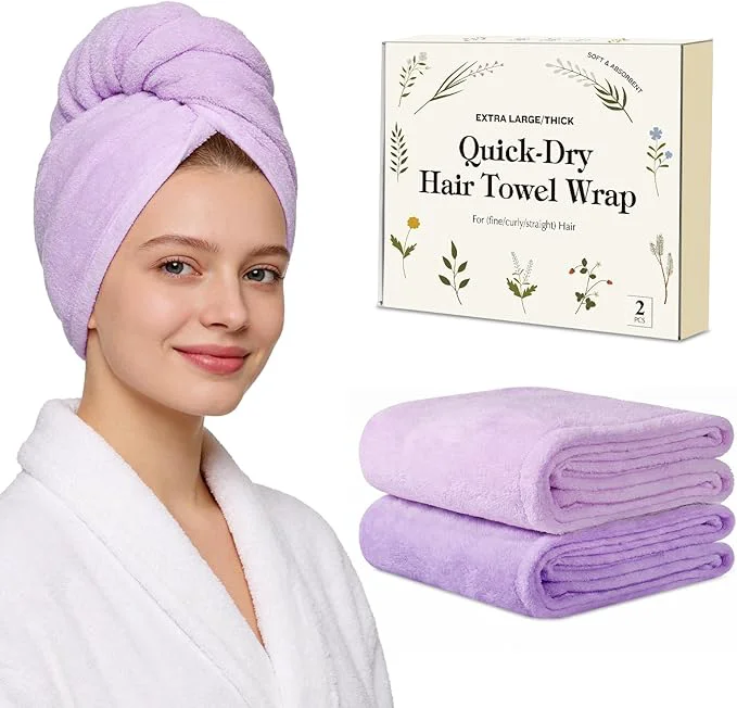 High-End Microfiber Hair Towel Wrap for Women 2 Pack Large Fast Drying Hair Towel Recyclable
