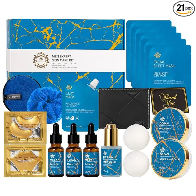 Sustainable 21 Pcs Men Facial Skin Care Set Father’s Day Gifts Bath Beard Gift Set Effective