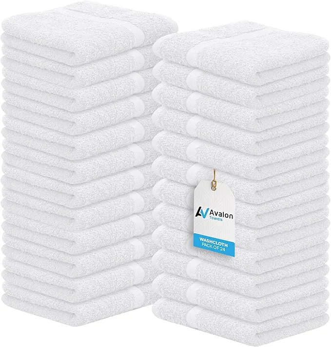Clean Avalon Towels Cotton Washcloths 24-Pack – 12 x 12 Inch White Super Soft Excellent
