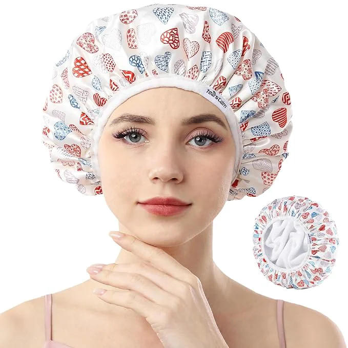 Specialty Years calm Terry Lined Shower Cap Triple Layer Heart Motifs Waterproof Environmentally Friendly