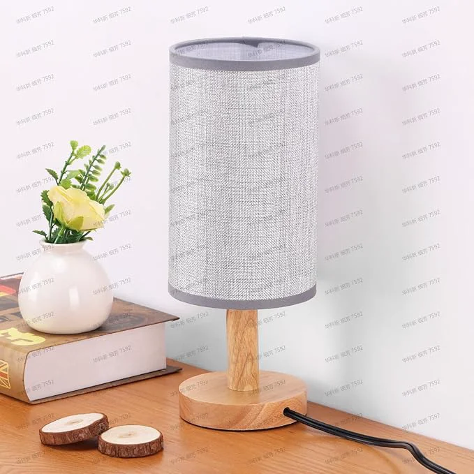 World-Class Gray Small Bedside Table Lamp for Bedroom Natural Round Wood Base Fabric Linen Exclusive