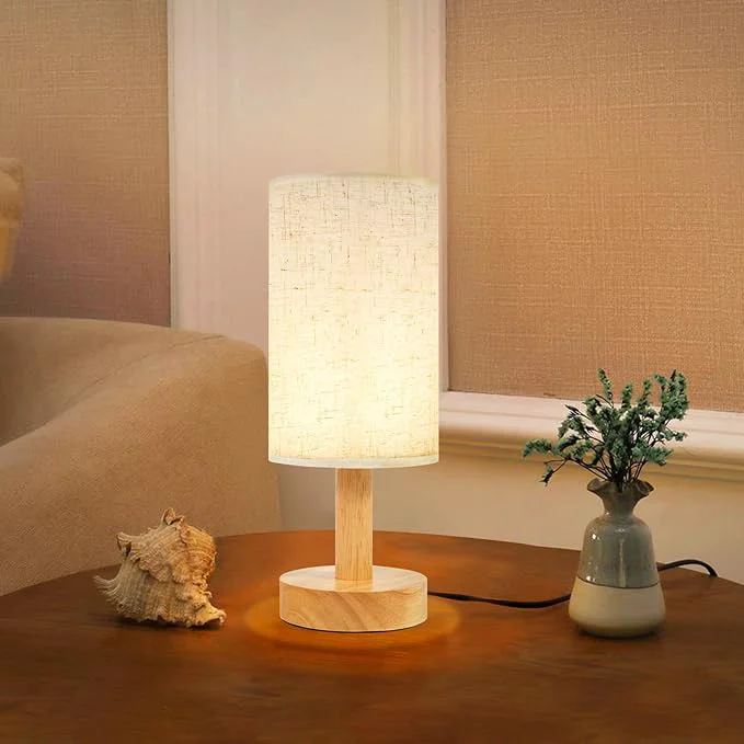 Powerful Small Bedside Table Lamp for Bedroom Natural Round Wood Base Fabric Linen Shade Minimalist