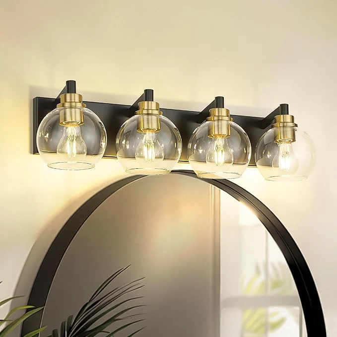 Flexible Bathroom Light Fixtures 4-Light Black and Gold Bathroom Vanity Light 26 Inch Outstanding