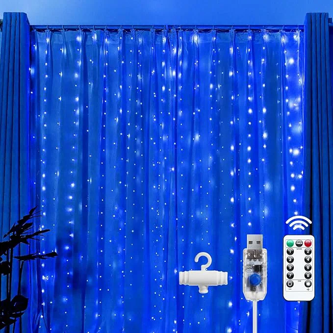Luxury Brightown 300 LED Blue Fairy Curtain Lights 9.8ft x 9.8ft String Lights Elegant