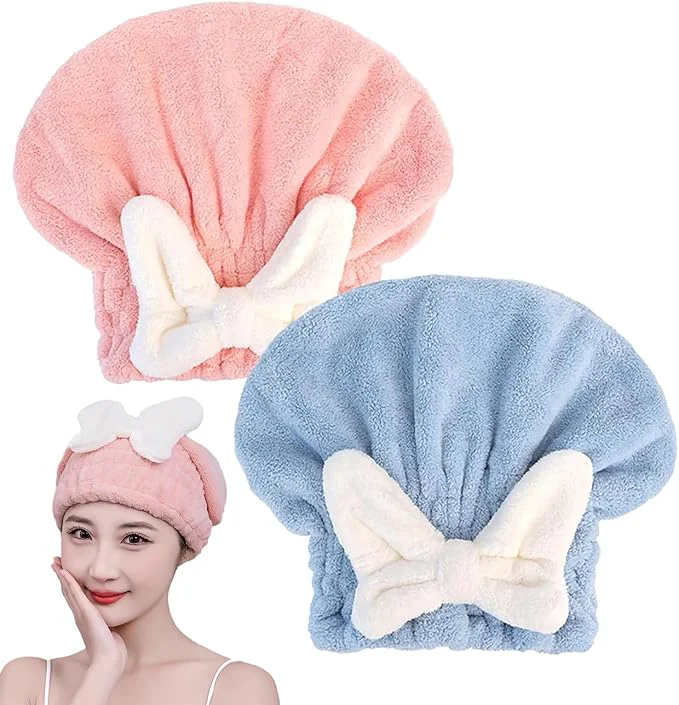 Soft 2Pcs Microfiber Hair Drying Cap Ultra Absorbent Hair Towel Wrap Turban Fashionable
