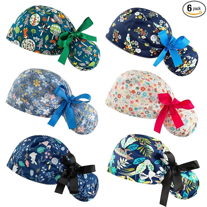 Reusable Scrub Caps Women Bouffant Scrub Caps Adjustable Working Cap Ponytail Pouch Tie Stylish