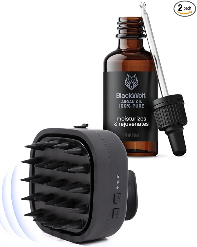 Solid Black Wolf Sonic Scalp Head Massager Pure Argan Oil Bundle