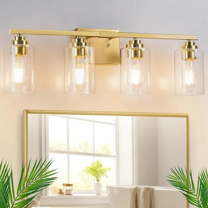 Detailed 4-Light Bathroom Light Fixtures Brushed Gold Vanity Lights Classic Wall Lamp Sophisticated