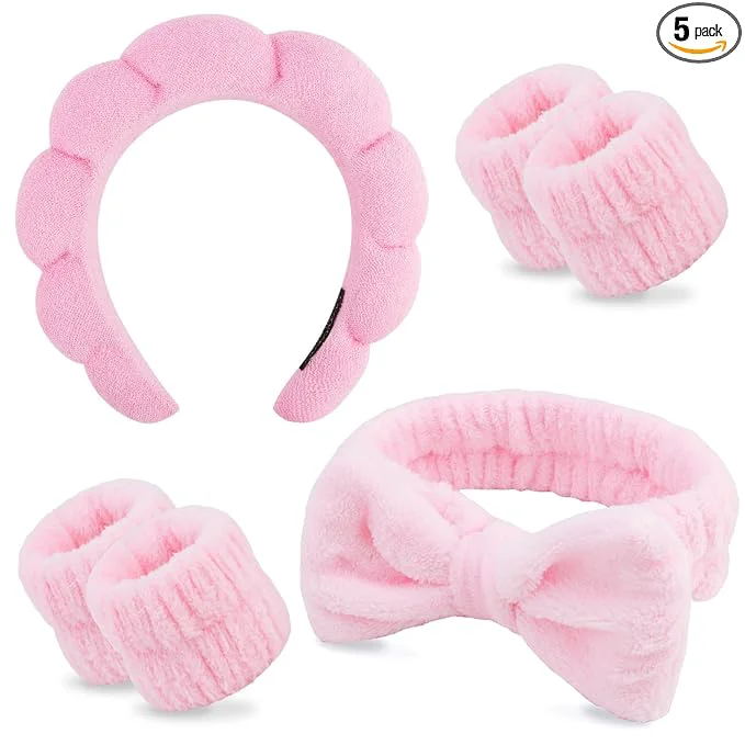 Convenient Chanaco Spa Wristband and Pink Puffy Sponge Makeup Headband Set Premium
