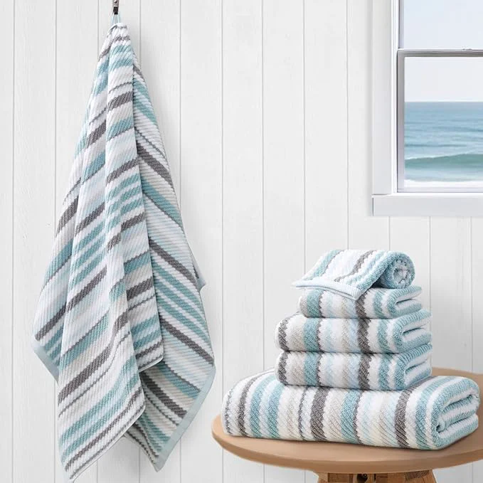 Contemporary 6-Piece Luxury Aqua Striped Towel Set Recyclable