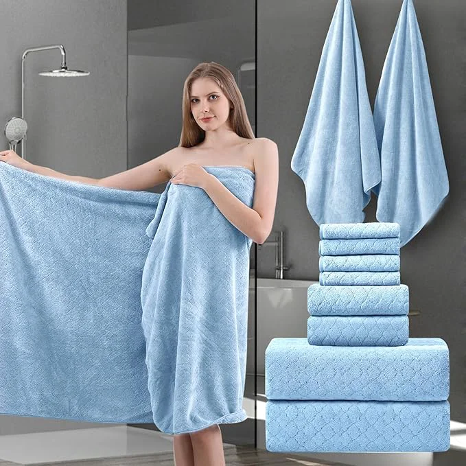 Official 8-Piece Blue Bath Towels Set 2 Oversized Large Bath Towels Sheet 2 Hand Elite