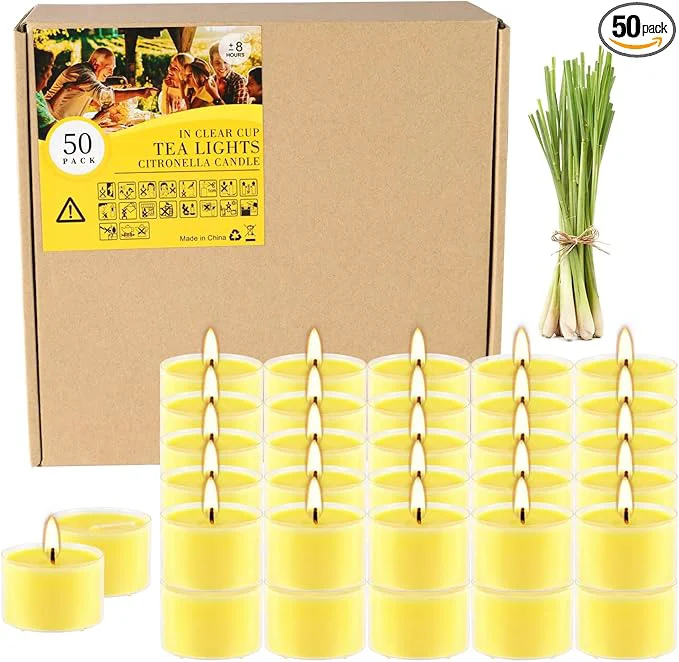 Durable 50 Pack Clear Tea Lights Candles Bulk Summer Citronella Candle Outdoor and High-Grade