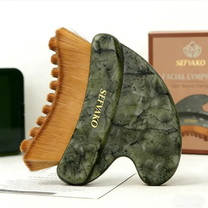Convenient Lymphatic Contour Face Brush Dual-Ended Dry Brush Cool-Touch Jade Gua Sha Reusable