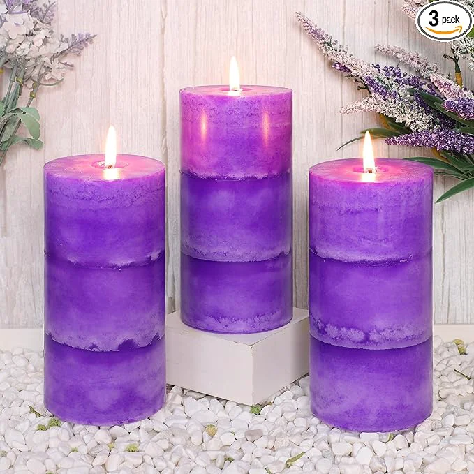 Premium Material 3 x 6 Handmade Pillar Candles Lavender Scented Purple Decorative Candles Efficient