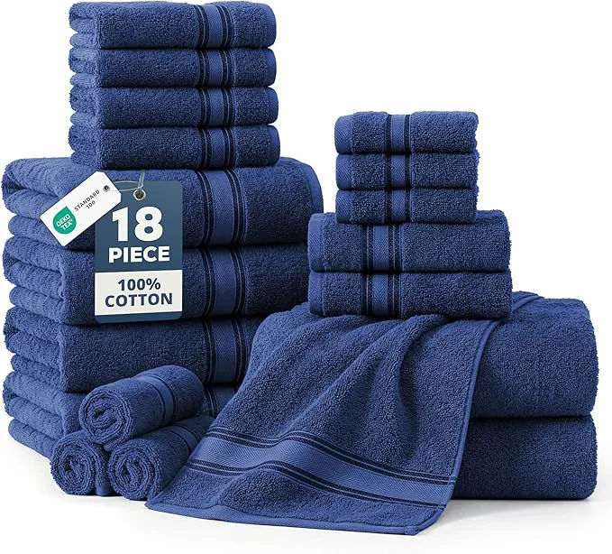 Flexible LANE LINEN Mercerized Cotton Bath Towel Set of 18 – Zero Twist Shower Optimized