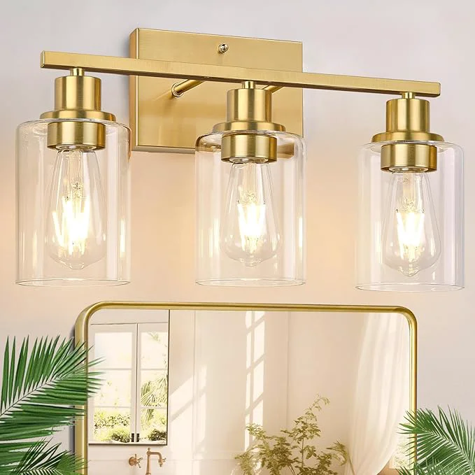 Pure 3-Light Vanity Lights with Clear Glass Shades Brushed Gold Bathroom Light Relaxed