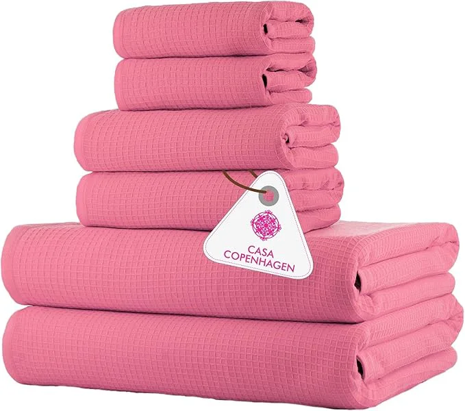 Pure CASA COPENHAGEN Waffle 6Pcs Egyptian Cotton Large Designer Towels Gift Detailed