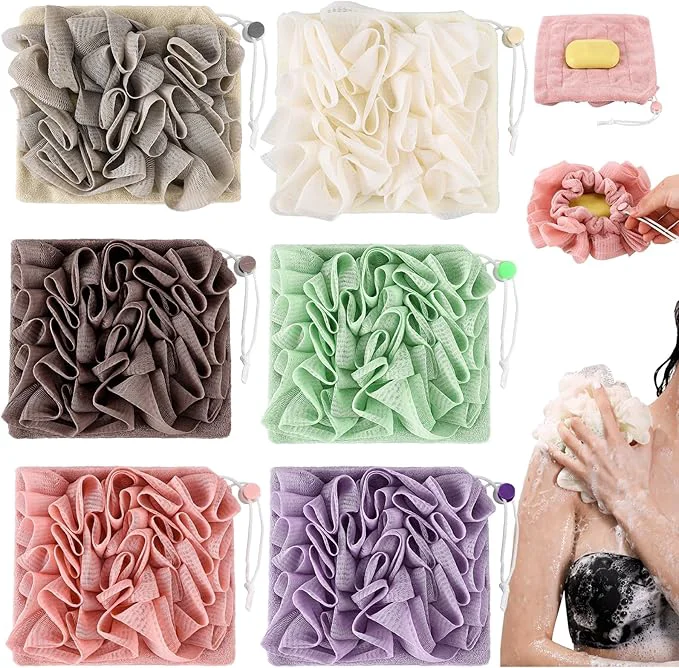 Dependable 6 Pack Washcloth Loofah Combo 2 in 1 Drawstring Loofah Sponge Breathable