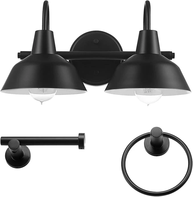 Official Globe Electric 63000004 3-Piece Bathroom Set Matte Black 15.5 2-Light Vanity Functional