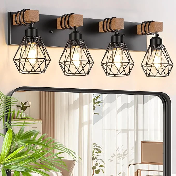 Effective FadimiKoo 4-Light Farmhouse Bathroom Light Fixtures Over Mirror Rustic Wood Smart
